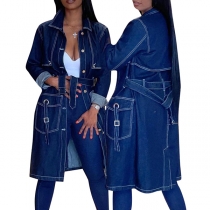 Streetwear Stativkrage Långärmad Denimjacka med Sidofickor och Bälte