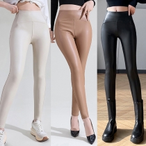 Högmidjade Enfärgade PU Konstläder Skinny Leggings