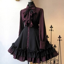 Gotisk Vintage Stil Klänning med Kontrastfärg, Volang och Rosett Detaljer