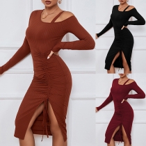 Enfärgad Utskuren Långärmad Ribbad Bodycon Klänning med Främre Dragsko och Slits