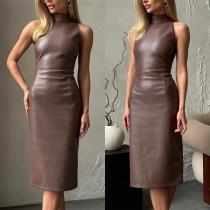 Sexig Ärmlös Mock Neck PU Konstläder Bodycon Klänning