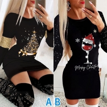Julgran/Vinglas Mönstrad Crew Neck Långärmad Bodycon Julklänning