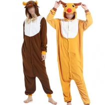 Söt färgkontrast tecknad älgformad långärmad fleece jumpsuit nattkläder för par