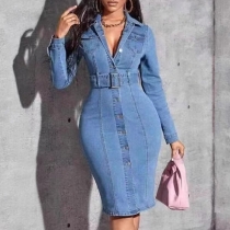 Långärmad Bodycon Denimklänning med Notchkrage i Vintage-stil