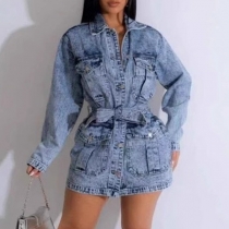 Street Fashion Stativkrage Långärmad Klänning med Patchfickor och Självknytande Bälte i Vintage-tvättad Denim