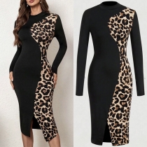 Sexig leopardmönstrad bodycon-klänning med kontrastfärg, rund hals och lång ärm fram med slits