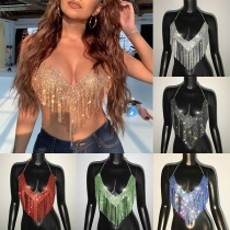Mode Éclatante Strass Dos Nu Top Halter
