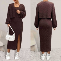 Elegant tvådelad kabelstickad klänning med kofta och Bodycon slitskjol