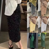 Glittrande paljettklänning med Mock Neck, Långärmad och Elastisk Maxilängd