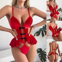 V-ringad Knapp Volang Kontrast Röd Bodysuit Underkläder Mode