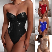 Axelbandslös sexig PU-bodysuit i läderlook