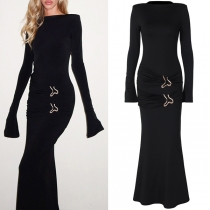 Sexig Rundhalsad Långärmad Rynkad Spänne Bodycon Maxiklänning