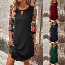 Mode Rundhals Front Cut Out Blommig Broderad Armbågsärm Mini Klänning