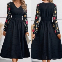 Elegant schweizisk prickig blommig broderad V-ringad långärmad midiklänning
