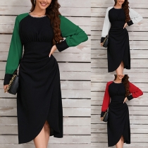 Kontrastfärgad Rundhals Långärmad Klänning med Oregelbunden Fåll Bodycon Design 