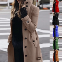 Vintage enfärgad duffeljacka med ståkrage och bälte, långärmad