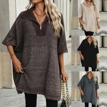 Moderiktig Halv-dragkedja Lapel V-ringad Batwing kortärmad stickad topp