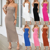 Sexig enfärgad axelbandslös klänning med sidoslits i bodycon-stil