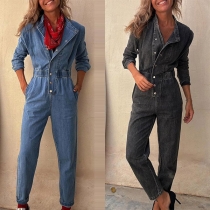 Street Style Skjortkrage Långärmad Främre Knapp Elastisk Midja Vintage Tvättad Denim Jumpsuit