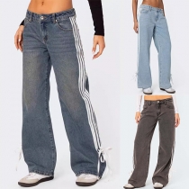 Loose-Fit Low-Rise Street Style Washed Denim Jeans with Side Stripes