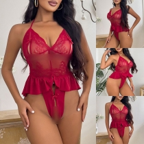 Sexig bodysuit med utskärning och volang i halvgenomskinlig spets underkläder