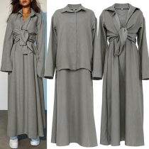 Enfärgad tvådelad set med långärmad blus och ärmlös tankklänning
