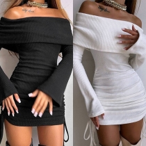 Sexig axelbandslös ribbad bodycon-klänning med sidodragsko och långa ärmar