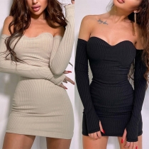 Sexig axelbandslös Sweetheart Neck Långärmad Ribbad Tight Klänning