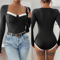 Sexig långärmad body med Sweetheart urringning och kontrastfärg ribbmönster