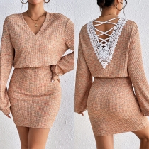 Elegant V-ringad Långärmad Spetsrygg Rygglös Bodycon Klänning