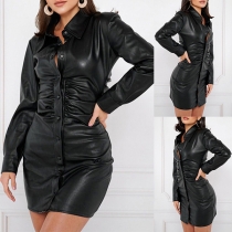 Mode Polo Krage Långärmad Knappdetalj Rynkad PU Konstläder Bodycon Klänning