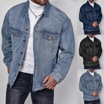 Herrjeansjacka med ståkrage och lång ärm, vintage tvättad