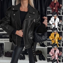 Street Fashion Notch Lapel Långärmad Sned PU-läderjacka med Bälte