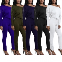 Mode Enaxlad Snörning Långärmad Jumpsuit med Midjedragsko