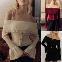 Sexig volangskjorta off-shoulder med trumpetärm och knäppning framtill
