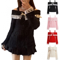 Mode Spets Slits Off-shoulder Rosett långärmad stickad pullover
