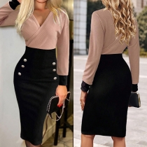 Elegant V-ringad långärmad bodycon-klänning med dubbelknäppning och kontrastfärg
