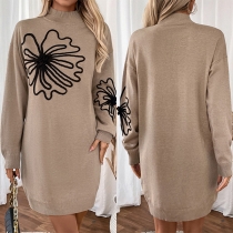 Blommönstrad modestil mockneck långärmad klänningtröja