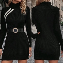 Mock Neck Långärmad Vit Randig Ribbstickad Tröjklänning