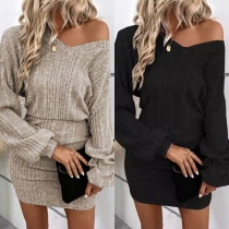 Mode V-ringad Ribbstickad Långärmad Bodycon Klänning