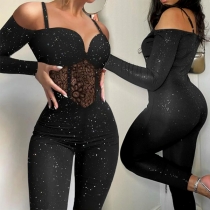 Mode Bling-bling Hjärtformad Halsringning Långärmad Spets med Slits Jumpsuit