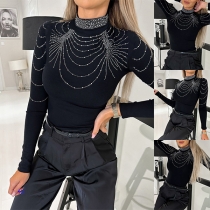 Mode Strasspolokrage Långärmad Slim-Fit Tröja