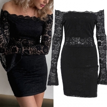 Sexig axelbandslös Trumpet långärmad Bodycon spetsklänning