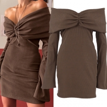 Sexig axelbandslös långärmad Bodycon-klänning med rynkad detalj