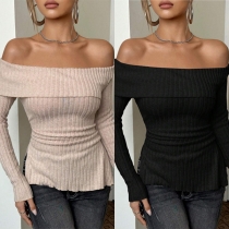 Sexig off-shoulder långärmad tröja med sidenslits och ribbad design