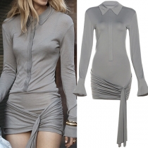 Mode Polo Neck Långärmad Ruched Självknuten Fåll Bodycon Klänning