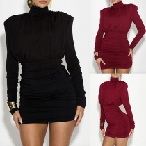 Långärmad polokrage Ruched Bodycon Klänning för kvinnor