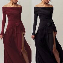 Sexig off-shoulder långärmad maxi festklänning med självknytande rosett och sidoslits