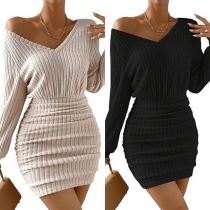 Sexig V-ringad långärmad nerväst Bodycon-klänning