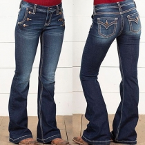 Högmidjade knapp Gamla tvättade vida jeans